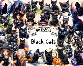 Black Cats Watercolor Clipart Bundle: 178 Feline PNG Images (Digital Download)