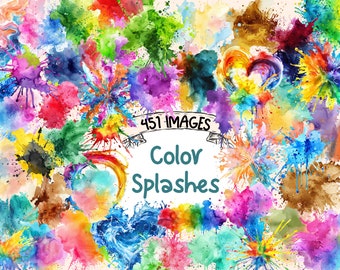 Bundle de cliparts aquarelle éclaboussures de couleur - 451 images PNG de splash de peinture vibrante, graphiques de tache d'art, téléchargement numérique instantané, usage Commercial