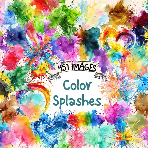 Bundle de cliparts aquarelle éclaboussures de couleur - 451 images PNG de splash de peinture vibrante, graphiques de tache d'art, téléchargement numérique instantané, usage Commercial