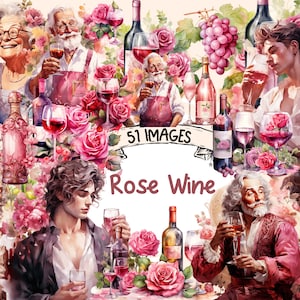 Rose Wine Watercolor Clipart Bundle - 51 PNG  Elegant Wine Images, Glassware Graphics, Wine Drinks, Instant Digital Download, Commercial Use
