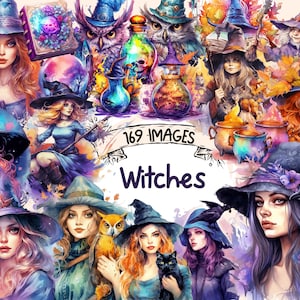 May include: A digital collage of watercolor illustrations featuring witches, owls, potions, and other magical elements. The text "169 IMAGES" and "Witches" is included in the image.