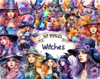 Watercolor Witches Clipart Bundle: 169 Fantasy Witch Images (PNG Digital Download)