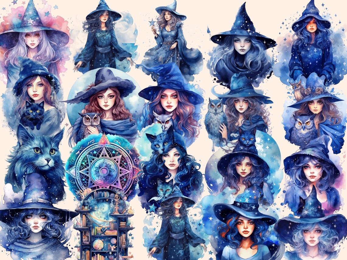 Celestial Witches Watercolor Clipart Bundle: 145 Fantasy PNG Images ...