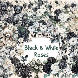 Black & White Roses Watercolor Clipart Bundle - 168 PNG Wedding Rose Images, Classic Floral Graphics,Instant Digital Download,Commercial Use