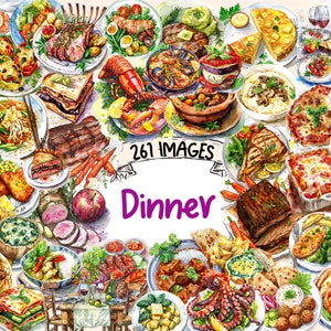 Dinner Meals Watercolor Clipart Bundle - 261 PNG Evening Meal Images, Nighttime Dining Graphics, Instant Digital Download, Commercial Use