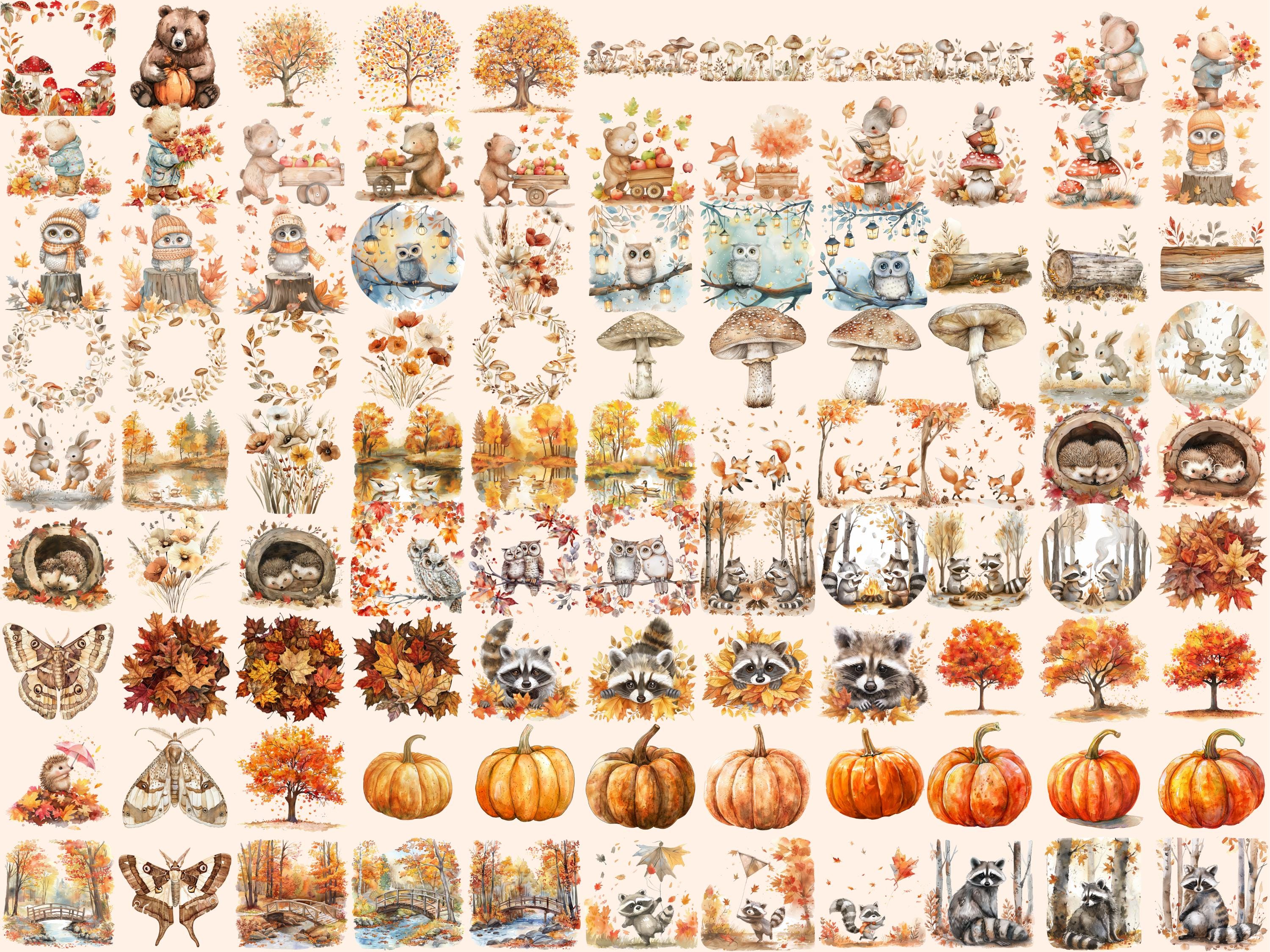 Fall Forest Watercolor Clipart Bundle: Autumn Animals, Woodland Scenes ...