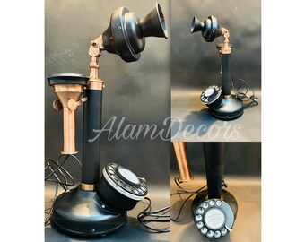 Brass CandleStick Telephone -Copper Antique Finish Landline Nautical Telephone-Working RotaryDial Home Decor Telephone Gift.