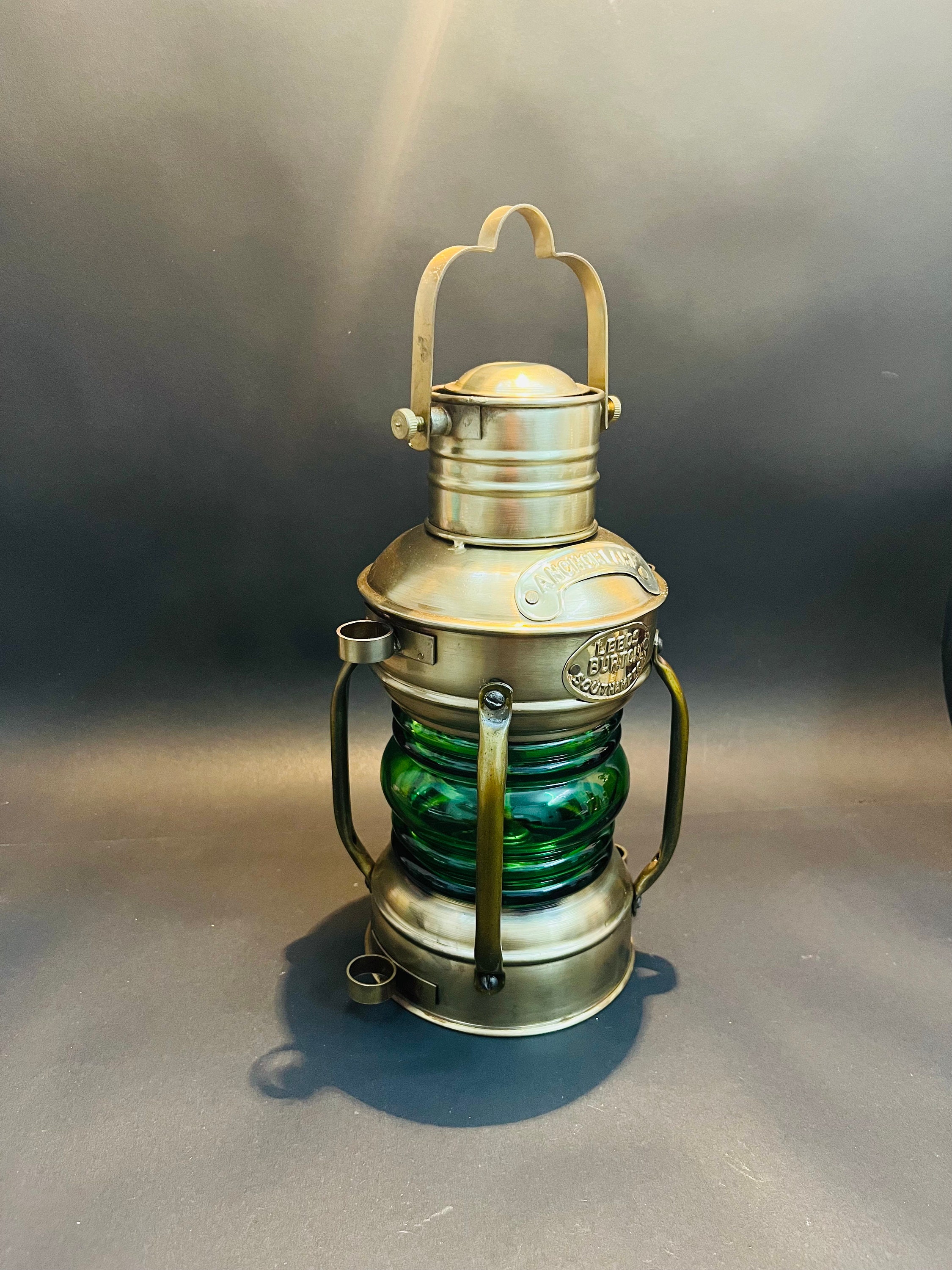 Nautical Brass Antique Oil Lantern Set of 2 LEEDS BURTON Anchor Maritme