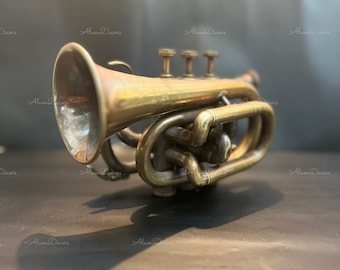 Personalized Antiqued Brass Trumpet -  Pocket bugle Horn Student 3 Valve Trumpet With Mouthpiece .