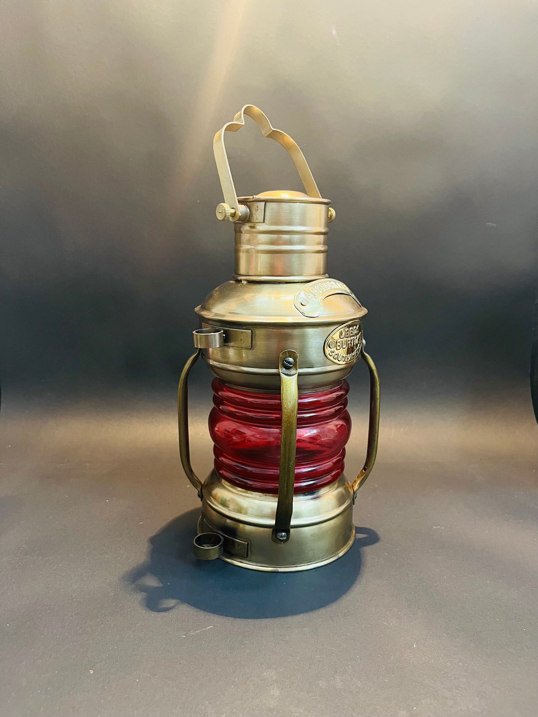 Nautical Brass Antique Oil Lantern Set of 2 LEEDS BURTON Anchor Maritme