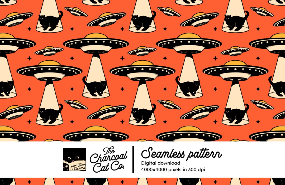Aliens and Black Cat Seamless Pattern in Orange Instant Download ...