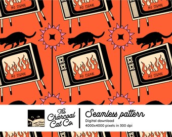 No Signal Black Cat Seamless Pattern en orange - Téléchargement instantané - Papier numérique - Imprimable - Tissu - Textile - Sublimation