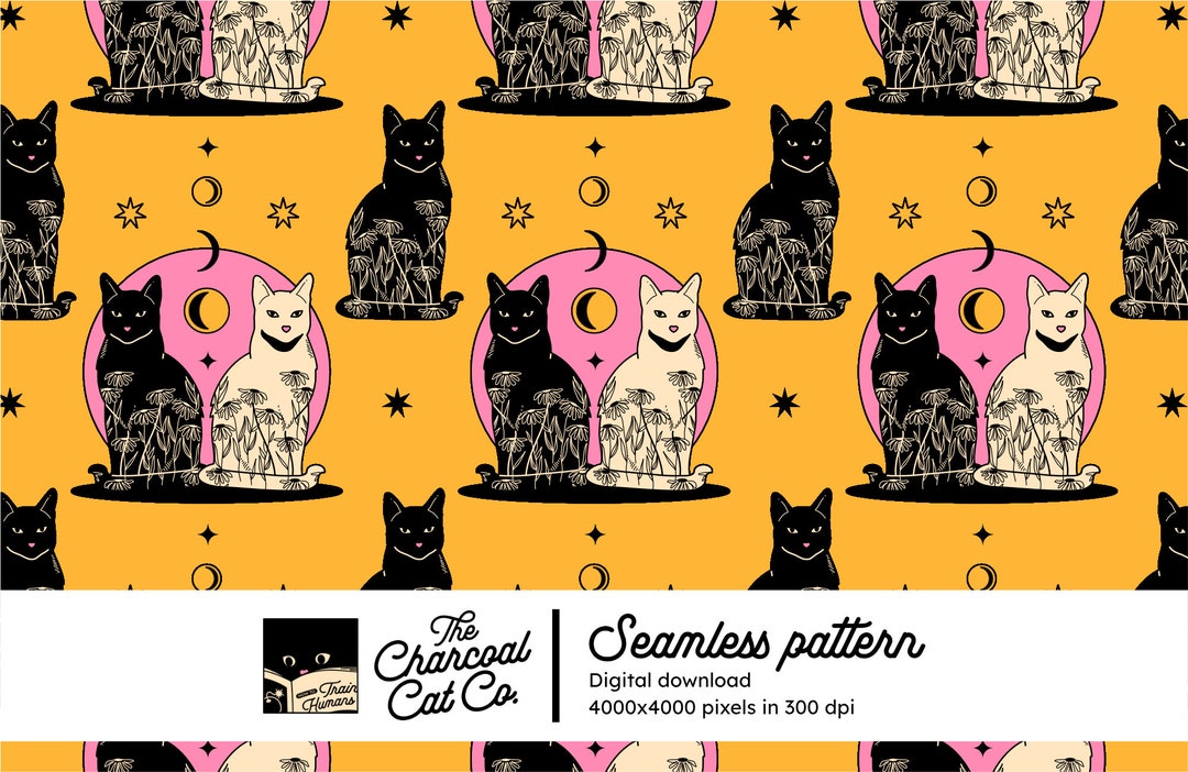 Carpe Noctem Black Cat Seamless Pattern in Yellow Instant Download ...