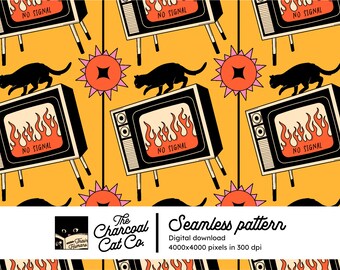 No Signal Black Cat Seamless Pattern en jaune - Téléchargement instantané - Papier numérique - Imprimable - Tissu - Textile - Sublimation