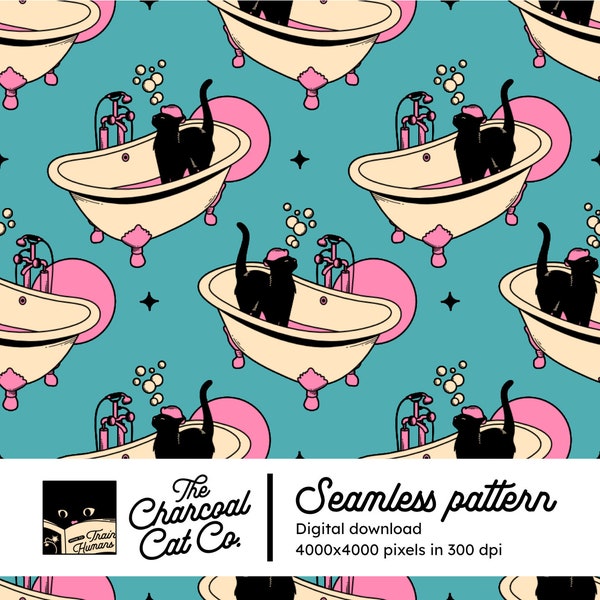 Spa Day Black Cat Seamless Pattern in blue - Instant download - Digital Paper - Printable - Fabric - Textile - Wallpaper - Sublimation