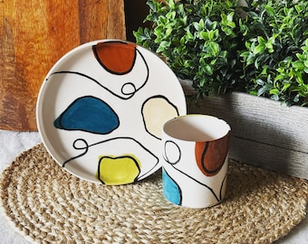 Two Pairs of Mug and Dish Sets, Handmade Ceramic Mug Set/Dish /Cup-Unique Design-Hand Painted