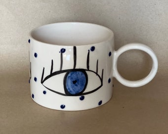 Ceramic Evil Eye Pattern Large Mug | Milk Tea Cup | Hand-Painted | Unique | Handgrip | Gift