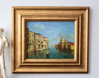 Original Antique Seascape of Venice, Italy in Vintage Gold Frame / Mid-Century Nautical Oil Painting / Signed and Framed / Gift Idea