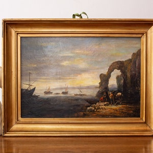 Antique Italian Seascape of Boats at Sunset in Gold Frame / Original 19th Century Nautical Oil Painting / Framed / Coastal Wall Art