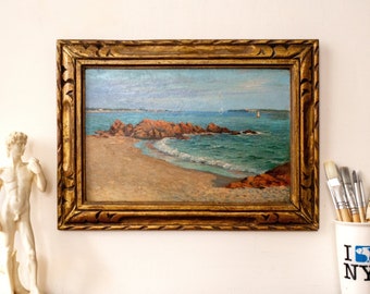 Signed 19th Century French Oil Painting of Beach on the Mediterranean Sea / Coast of Marseille / Impressionist Seascape / Framed Beach Decor