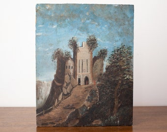 Small Vintage French Oil Painting of Chateau / Original Antique Wall Art of Castle and Ruins / Medieval Wall Decor