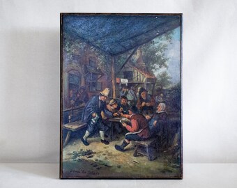 RARE / Early 19th Century Oil Painting of Peasants / After 17th Century Dutch Master Adriaen van Ostade / Framed and Signed