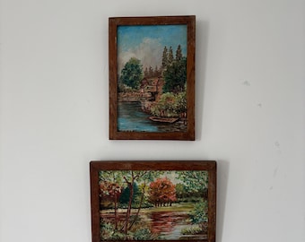 Pair of Vintage French Oil Paintings River Landscapes Cottage Boat Signed Original Framed Provincial Art