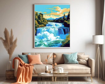 May include: A painting of a waterfall cascading down a rocky cliffside. The water is a vibrant blue and green, and the surrounding foliage is lush and green. The sky is a light blue with fluffy white clouds.