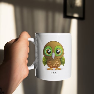 Taza de Kea, taza de Nueva Zelanda, regalos para ella, taza de pájaro de dibujos animados, recuerdo de NZ, copa para entusiastas de la vida salvaje, regalos de Kiwiana de pájaros, regalo de pájaro bonito