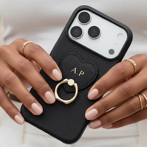 Personalized Luxury Leather Case for iPhone 17 Pro Max 16 15 14 13, Phone Case with Ring Holder Monogram Initials Engraved, Custom Gift for