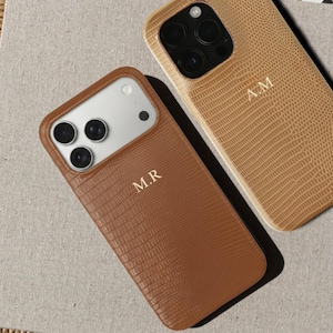 Leather iPhone Case for iPhone 17 Pro 16 Pro Max 15 14, Monogram Initials Snakeskin Phone Cover Case, Custom Gift for Her