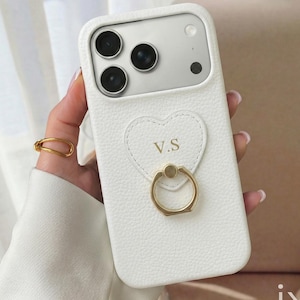 Personnalisez l'étui en cuir pour iPhone 17 Pro Max 16 15 14 13 12, étui pour iPhone avec porte-bague monogramme initiales gravées, cadeau personnalisé pour elle