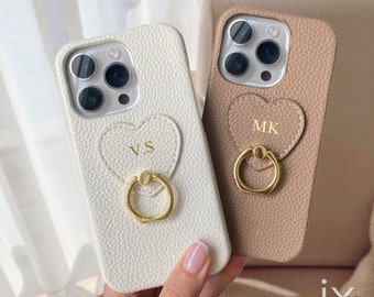 Custodia in pelle di lusso personalizzata per iPhone 15 Pro Max 14 13 12, custodia per telefono con supporto ad anello, iniziali monogramma incise, regalo personalizzato per