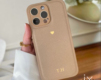 Coque iPhone personnalisée pour iPhone 15 Pro 14 Pro Max 13 12, initiales monogrammes gravées en cuir housse de téléphone cadeau personnalisé pour elle