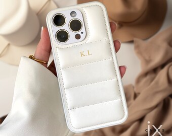 Personalized Puffer Leather Case for iPhone 15 Pro Max 14 Pro 13 12, Monogram Initials Engraved Phone Cover Case Custom Gift for Her, IX13