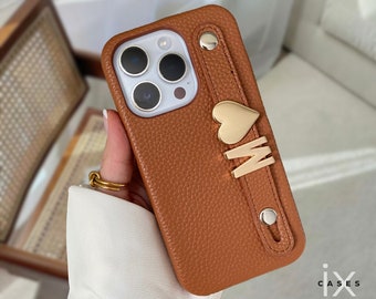 Funda personalizada para iPhone con correa para iPhone 15 Pro 14 Pro Max, iPhone 13 12 11, funda de cubierta de teléfono de cuero vegano, regalo personalizado para ella