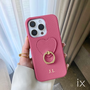 Personalisierte Ledertasche für iPhone 16 Pro Max 15 14 13 12, Handyhülle mit Ringhalter Monogramm Initialen eingraviert, individuelles Geschenk für Sie
