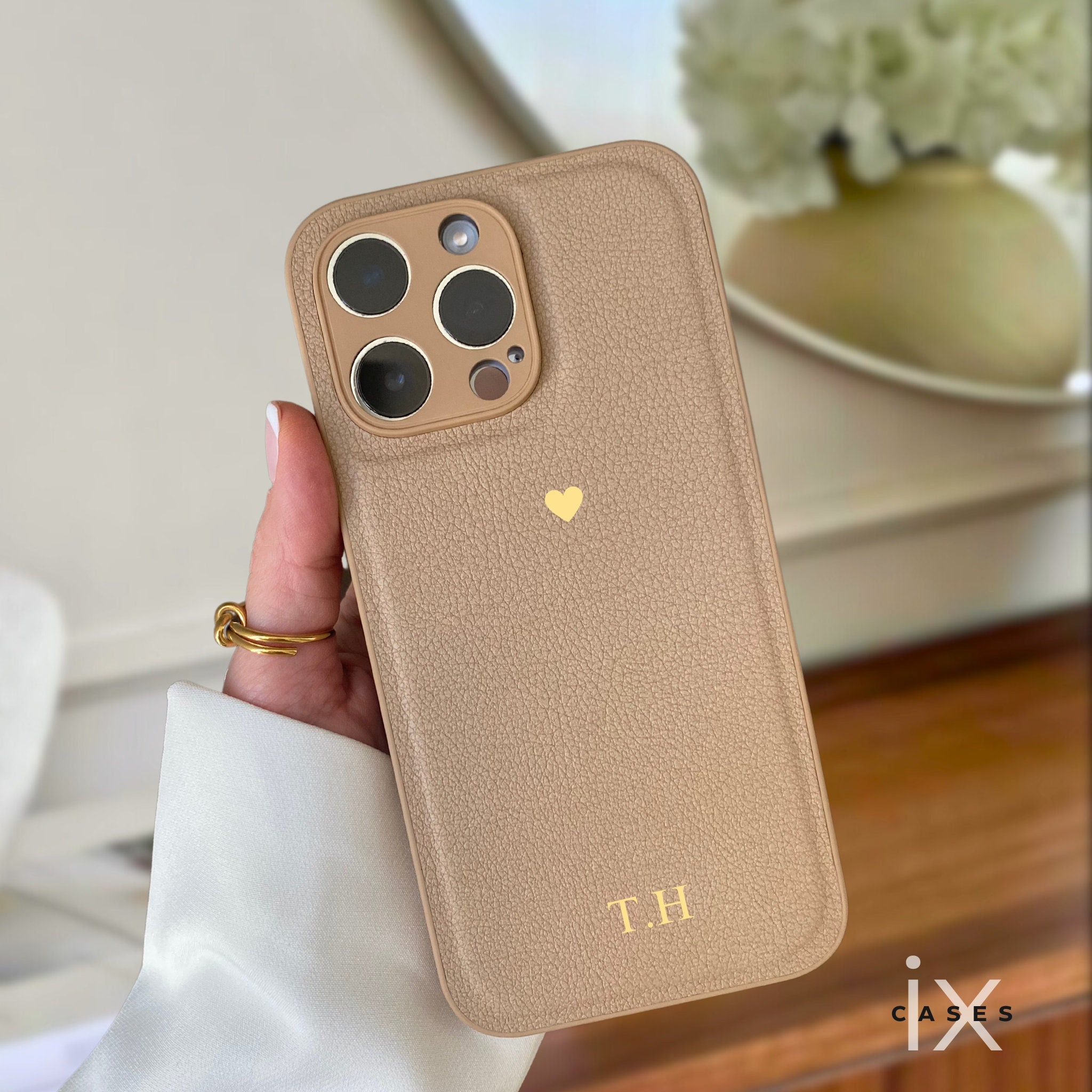 Custom iPhone Case for iPhone 16 Pro 15 Pro Max 14 13 12, Monogram Initials Engraved Leather Phone Cover Case Custom Gift For Her