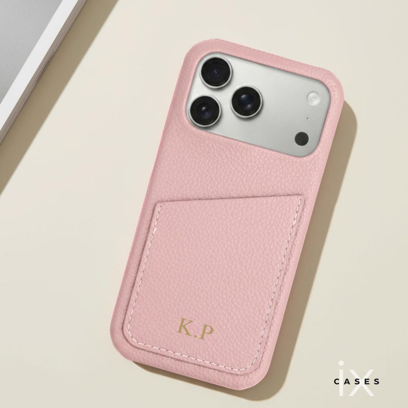 Personalized Phone Case with Card Holder for iPhone 17 16 15 14 13 Pro Max, Letters Initials Engraved Phone Cover, Gift For her Light Pink