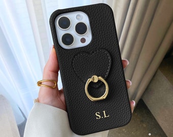 Custodia in pelle personalizzata per iPhone 15 Pro Max 14 13 12, custodia per telefono con supporto ad anello, iniziali monogramma incise, regalo personalizzato per lei