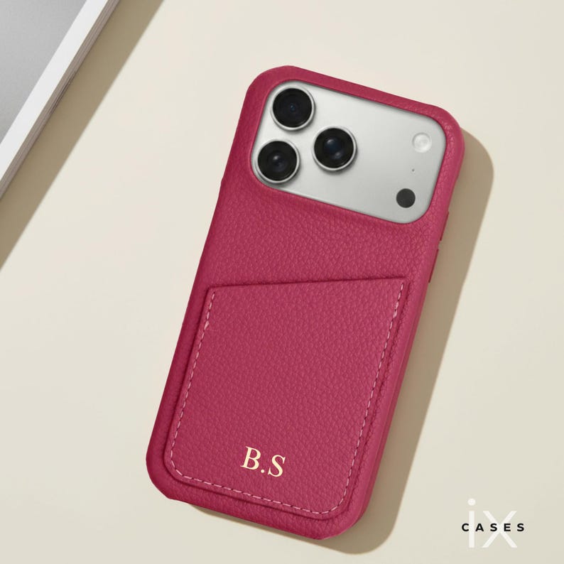 Personalized Phone Case with Card Holder for iPhone 17 16 15 14 13 Pro Max, Letters Initials Engraved Phone Cover, Gift For her Wine Red