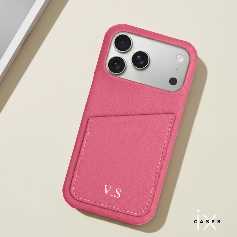 Personalized Phone Case with Card Holder for iPhone 17 16 15 14 13 Pro Max, Letters Initials Engraved Phone Cover, Gift For her Pink