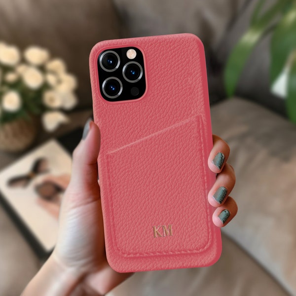 Vegan Leather Personalized Phone Case with Card Holder for iPhone 14, 14 Pro, iPhone 13, 13 Pro / Personalized Gift For Her