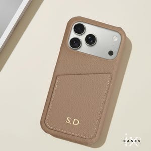 Personalized Phone Case with Card Holder for iPhone 17 16 15 14 13 Pro Max, Letters Initials Engraved Phone Cover, Gift For her Khaki