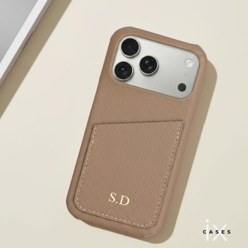Personalized Phone Case with Card Holder for iPhone 17 16 15 14 13 Pro Max, Letters Initials Engraved Phone Cover, Gift For her Khaki