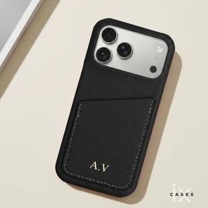 Personalized Phone Case with Card Holder for iPhone 17 16 15 14 13 Pro Max, Letters Initials Engraved Phone Cover, Gift For her Black