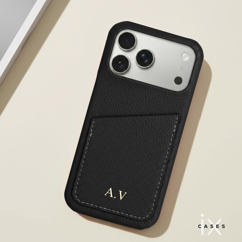 Personalized Phone Case with Card Holder for iPhone 17 16 15 14 13 Pro Max, Letters Initials Engraved Phone Cover, Gift For her Black