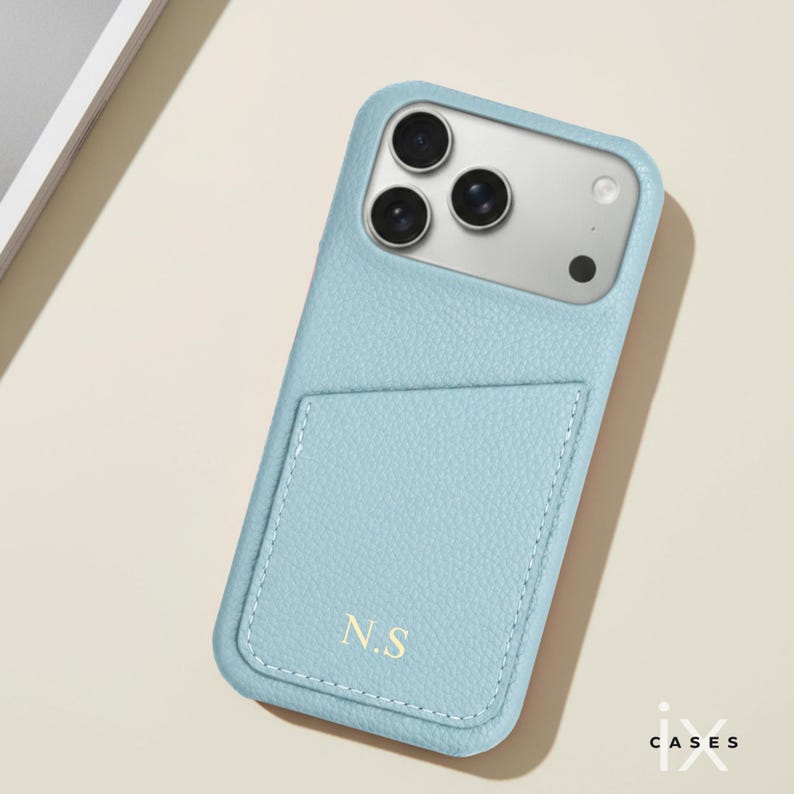 Personalized Phone Case with Card Holder for iPhone 17 16 15 14 13 Pro Max, Letters Initials Engraved Phone Cover, Gift For her Light Blue