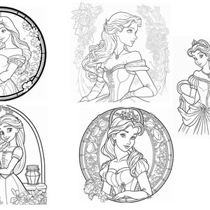 May include: Black and white line art illustrations of Belle from Disney's Beauty and the Beast. The illustrations show Belle in different poses and settings, including a stained glass window, a garden, and a ballroom.