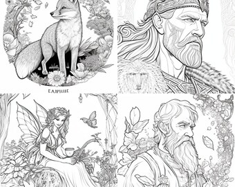 Página para colorear, rey, enano, zorro, hada, mundo místico, niña para colorear